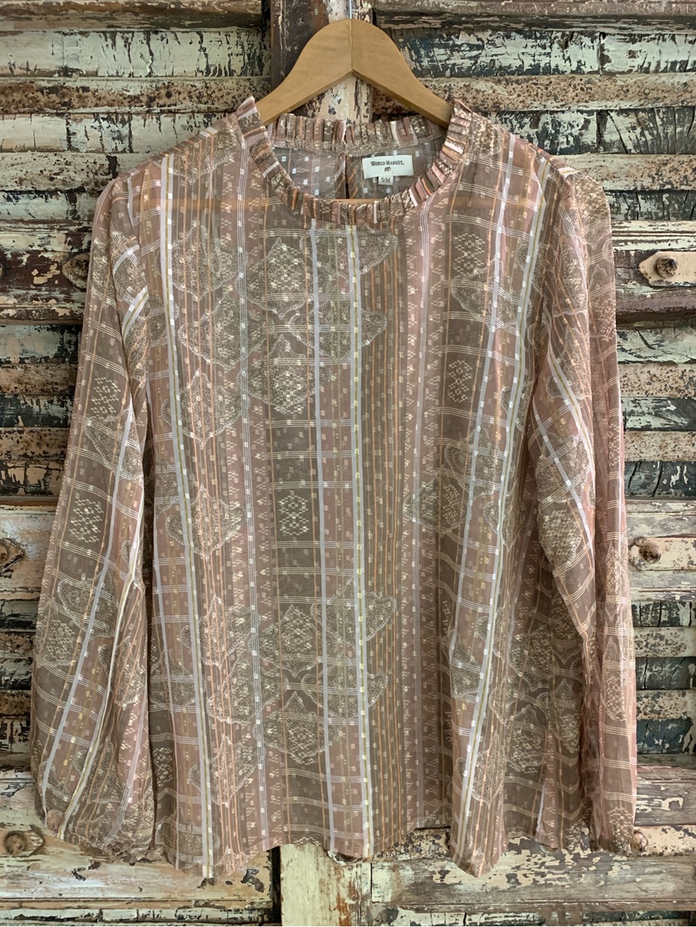 World Market Sheer Boho Stripe Patterned Ruffle Neck Blouse Brown and Cream, S/M